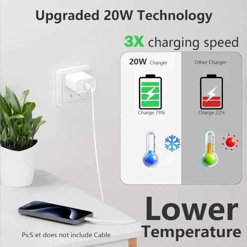 Miniatura 4 de Bloque de carga USB C para Apple iPhone Air 17 16 15 14 13 12 11 Pro Max, 20 W USBC de carga rápida cubo de ladrillo para Apple Watch iPhone, iPad