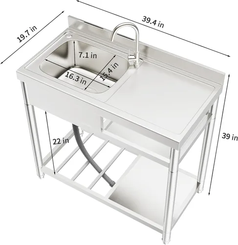 Miniatura 2 de ROOMTEC Juego de fregadero de acero inoxidable 304, fregadero de cocina de restaurante comercial, fregadero al aire libre con banco de trabajo