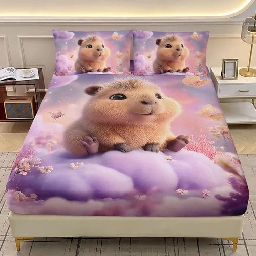 Miniatura 28 de AILONEN Lovely Bear - Juego de sábanas bajeras tamaño Queen, juego de ropa de cama con pajarita de dibujos animados para niños y niñas, sábana