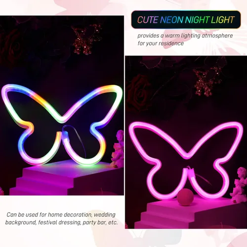 Miniatura 4 de Riakrum 2 Piezas de Letreros de Neón de Mariposa, Luz LED Alimentada por Batería 3AA Operada por USB, Decoración de Luz de Neón de Pared, Arte