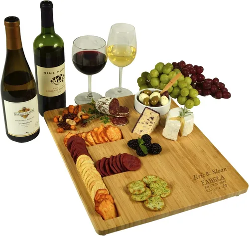 Miniatura 8 de Picnic at Ascot Tablero de queso/embutidos de bambú personalizado personalizado con un surco fresado en forma de letra para galletas – Incluye salsa