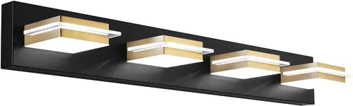 Lámpara de tocador negra LED regulable para baño, 4 luces, apliques de pared de baño con pantalla de metal dorado, luz blanca 3000K-6000K, 3 colores