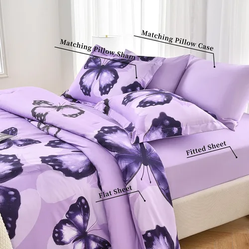 Miniatura 3 de ARTALL Bed in A Bag - Juego de edredón de 5 piezas, tamaño twin, diseño de mariposas grandes, color morado, para todas las estaciones, con edredón