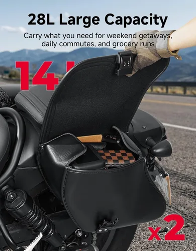 Miniatura 5 de KEMIMOTO Alforjas para motocicleta, bolsa lateral de cuero sintético con cerradura, 28L, bolsas inclinadas con doble correa impermeable y tachuelas