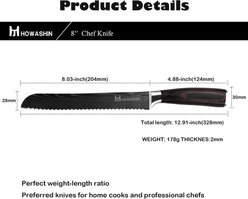 Miniatura 6 de Cuchillo de pan de 8 pulgadas afilado profesional cuchillo de cocina alemán de alto carbono cuchillo de cocina ergonómico color mango de madera