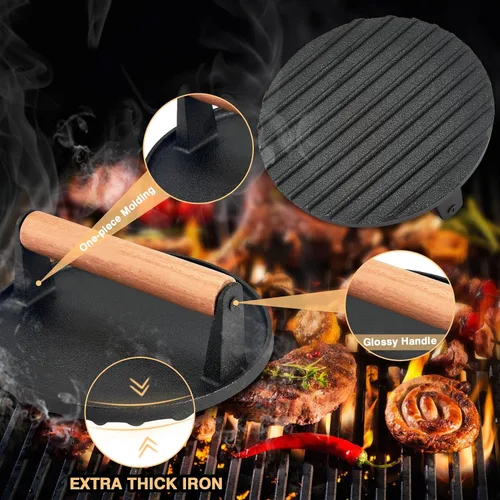 Miniatura 3 de Joyfair Prensa para Hamburguesas Smash para Plancha (7 pulgadas), Aplastador de Hamburguesas de Hierro Fundido, Accesorios para Prensa de Parrilla