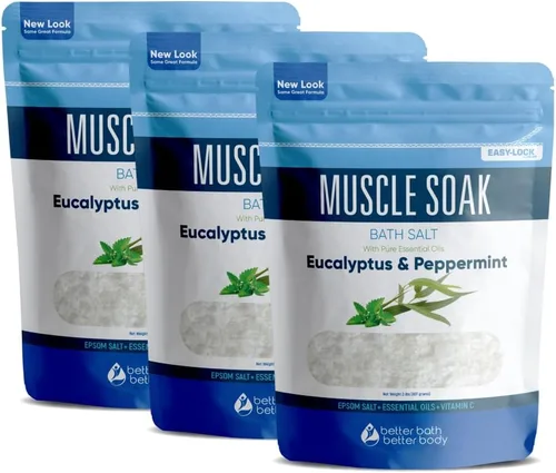 Muscle Bath Salt (paquete de 3 con cuchara) para baño muscular con aceites esenciales puros en bolsa sin BPA con sello de cierre a presión,