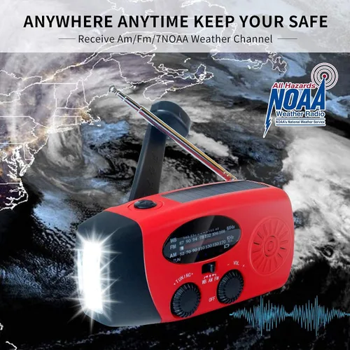 Miniatura 6 de Radio de manivela solar de emergencia mejorada con linterna LED, radio meteorológica portátil Am Fm NOAA, cargador de teléfono celular