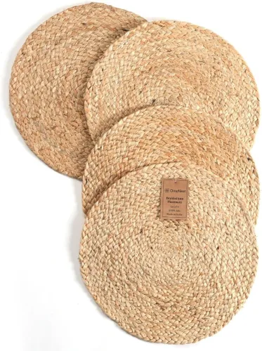 Juego de 4 manteles individuales trenzados de yute hechos a mano de 14 x 14 pulgadas, redondos, 100% yute, manteles individuales rústicos vintage,