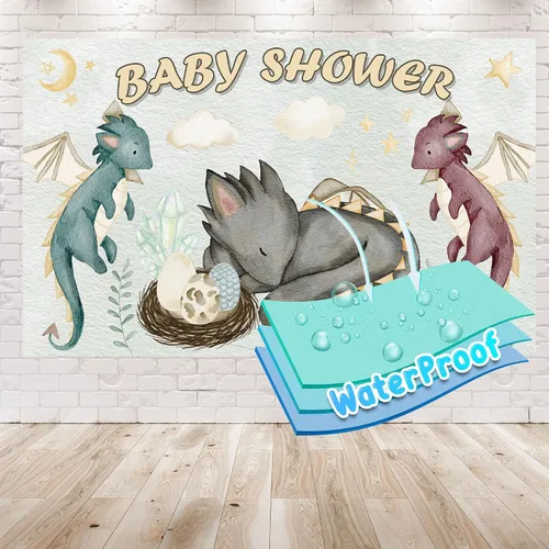 Miniatura 3 de Telón de fondo de baby shower de dragones de 5 x 3 pies para eclosionar pronto, decoración de fiesta temática de dragón de fantasía para niños