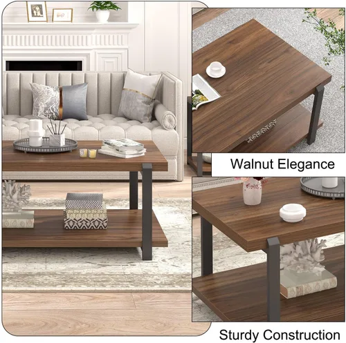 Miniatura 6 de FOLUBAN - Mesa de café moderna con estante de almacenamiento, mesa central de madera rústica para sala de estar, nogal