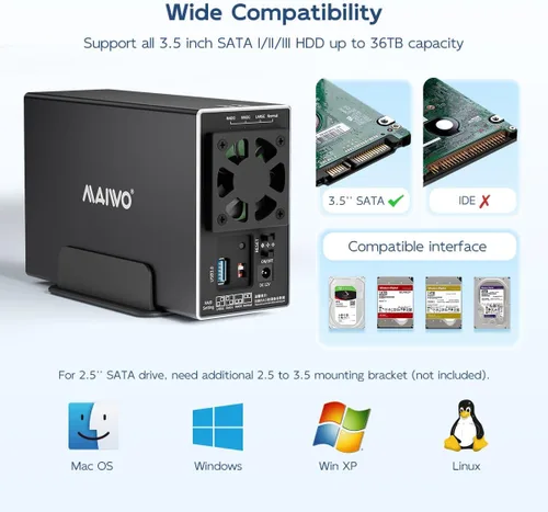 Miniatura 3 de MAIWO Caja RAID de disco duro de doble bahía con ventilador de refrigeración para 2.5/3.5 pulgadas SATA SSD/HDD, caja de disco duro USB 3.0 de 5