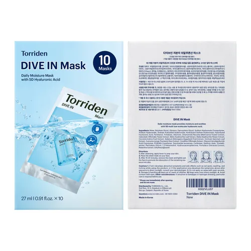 Miniatura 10 de Torriden Máscara facial de ácido hialurónico DIVE IN (10 hojas), mascarilla coreana de hidratación profunda, pantenol y alantoína, mascarilla