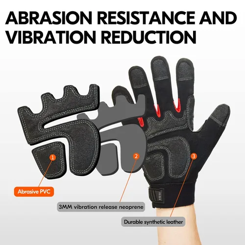 Miniatura 4 de Vgo... 1 par de guantes de trabajo de cuero sintético resistente, compatible con pantalla táctil (talla M, negro y rojo, SL9722)