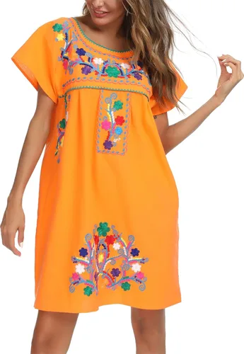 Miniatura 9 de YZXDORWJ - Vestido mexicano bordado de manga corta para mujer