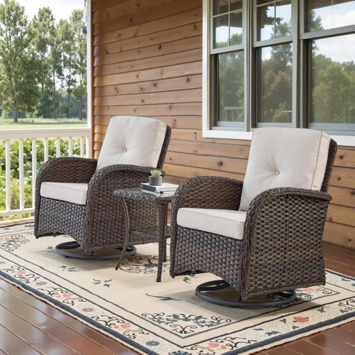 Belord Sillas de Mimbre Giratorias Mecedoras para Patio - Juego de 2 Sillas Mecedoras Giratorias para Exteriores con Mesa Auxiliar de Ratán, Silla
