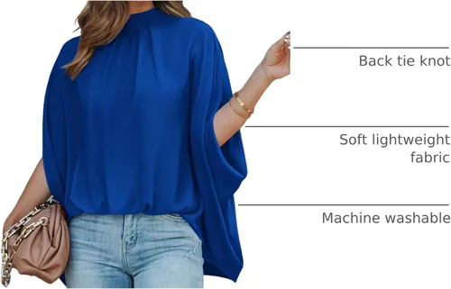Miniatura 12 de BTFBM Blusas de verano para mujer, cuello alto falso, manga murciélago, holgadas, dobladillo alto y bajo, blusas informales de gran