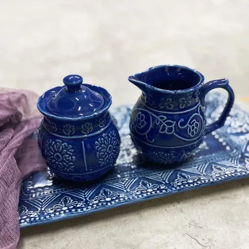 Miniatura 5 de CHOOLD Juego de azúcar y crema de cerámica en relieve azul con tapa, cuchara y crema, juego de servir café, 10 onzas Azul - Alivio