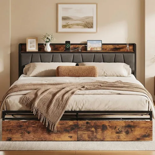 Miniatura 12 de LIKIMIO Base de cama tamaño King, cabecera de almacenamiento con estación de carga, cama de plataforma con cajones, no necesita somier, fácil Marrón