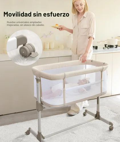 Miniatura 7 de Fodoss Cuna para Bebé al Lado de la Cama - Cuna con Malla Completa al Lado de la Cama con Ruedas, Cuna para Bebé Ajustable en 7 Alturas
