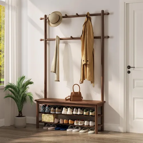 AQIMUELE Perchero con almacenamiento de zapatos, árbol de pasillo de madera con banco, 11 ganchos y estantes de almacenamiento de 2 niveles, 3 en 1,