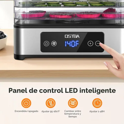 Miniatura 4 de OSTBA Deshidratador de alimentos, 5 bandejas de acero inoxidable, secado potente de 400 W, temporizador de 48 horas y control de temperatura de 95 a
