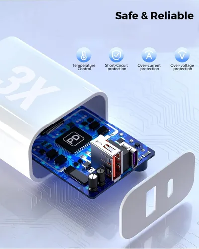 Miniatura 3 de Cargador rápido de 10 pies para iPhone 17/16e, paquete de 2 adaptadores de corriente USB C+A de 20 W de doble puerto, cable de carga rápida USB C a