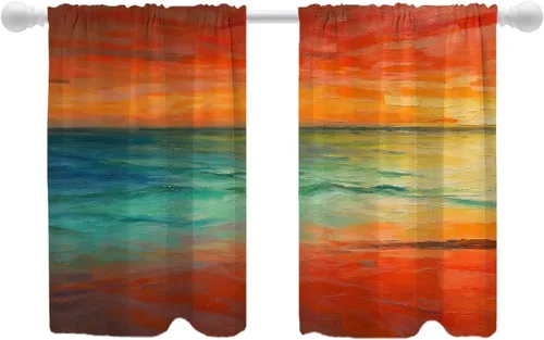 Miniatura 163 de Shrahala Beige and Orange Abstract Art Brushstrokes Blackout Curtain Tiers, Abstract Oil Paint Kitchen Valance Light Blocking Tier Drapes with Rod
