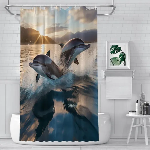 TEAKAY Cortina de ducha de delfín, paisaje de delfín volando sobre el agua, cortina de ducha con estampado fotográfico de delfín, animales marinos,