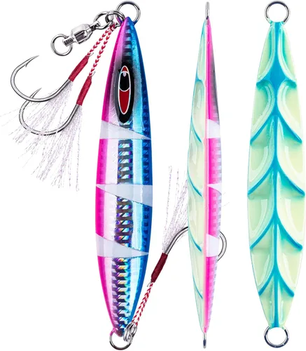 Goture Señuelo artificial vertical de caída plana lenta con plomo luminoso de agua salada, señuelo de pesca con dos ganchos Mustad de asistencia