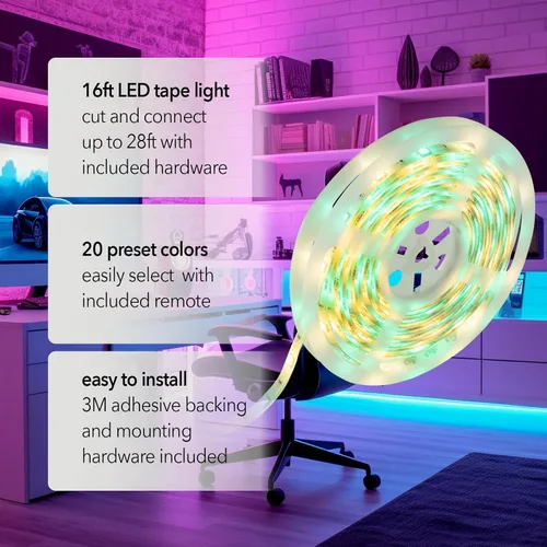 Miniatura 3 de GT-Lite Tira de luces LED de 800 lúmenes, cinta blanca y de color de 16 pies, cortada y conectada