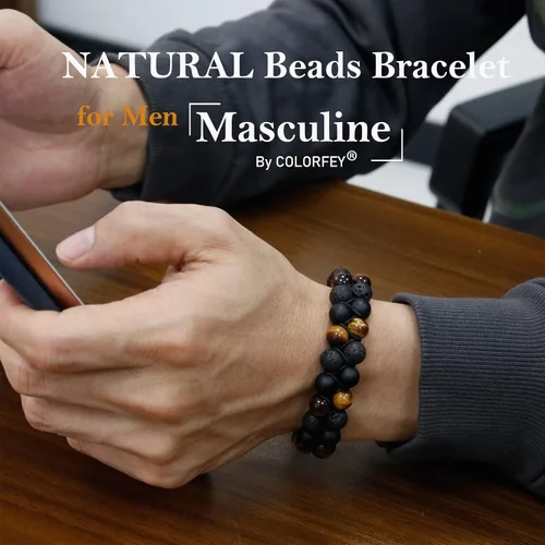 Miniatura 2 de Pulsera de triple protección para hombres y mujeres, auténtico ojo de tigre, ónix negro y roca de lava de 0.315 in, hecha a mano, pulsera de cuentas