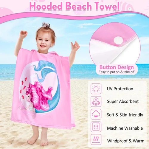 Miniatura 3 de HUANLANG Toalla de playa con capucha para niños y niñas, toalla de playa para baño, piscina, poncho de playa, toalla de algodón súper suave