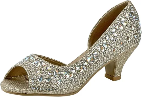 Fifty Tops Tacones de gatito de moda para niñas, zapatos de vestir con diamantes de imitación brillantes para niños, sandalias de tacón bajo para