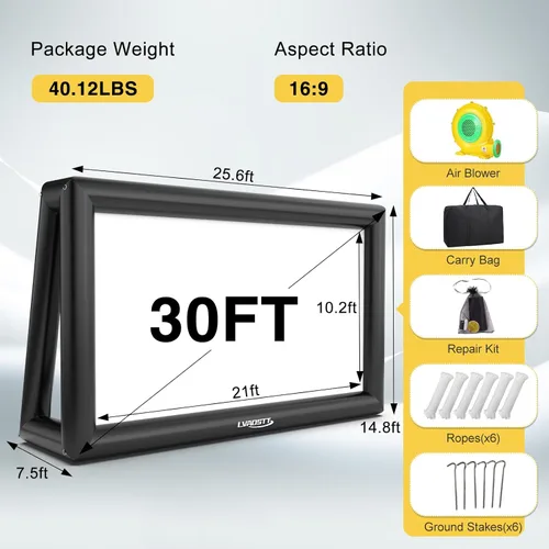 Miniatura 6 de Pantalla de Proyector Inflable, Pantalla de Película Inflable de 30 Pies para Exteriores, Diseño de Una Pieza de Fácil Instalación con Proyección
