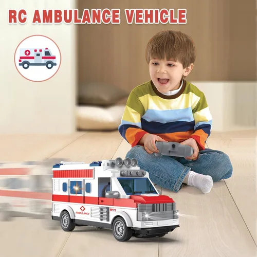 Miniatura 4 de Dollox Ambulancia de control remoto de 1/30, 2.4G RC Play Car Toy 4 Canales, vehículos eléctricos de ambulancia de emergencia con luces, puerta