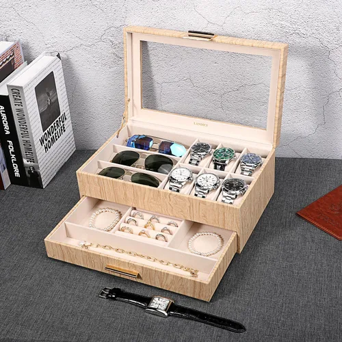 Miniatura 5 de LANDICI Caja de reloj para hombres y mujeres, 2 capas de piel sintética, organizador de relojes, caja de almacenamiento grande, caja de joyería