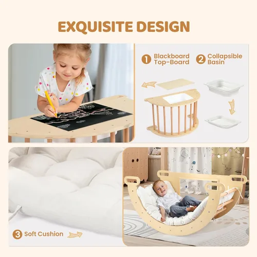 Miniatura 2 de JOYMOR Arco de escalador triangular Pikler 5 en 1 con cojín, mesa sensorial para niños, juguetes de escalada en madera montessori para niños