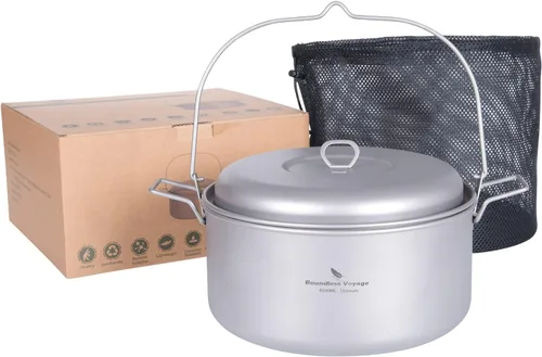 Miniatura 8 de iBasingo Juego de ollas de sopa de titanio con mango plegable para colgar, utensilios de cocina portátiles ligeros para 3-5 personas en camping