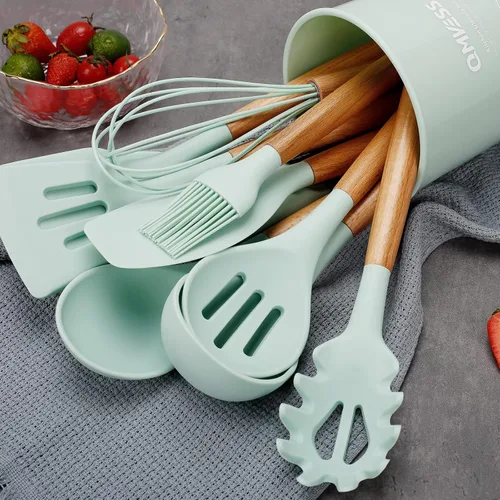 Miniatura 8 de QMVESS Juego de utensilios de cocina de silicona, 35 piezas, antiadherentes, aislamiento resistente, mango de madera, accesorios de cocina