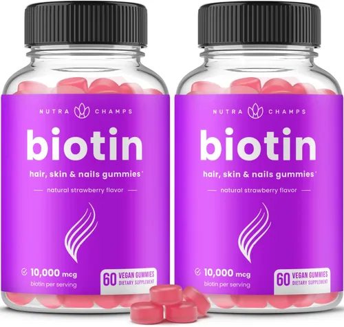 Paquete de 2 gomitas de biotina de 10,000 mcg [mayor potencia] para cabello saludable, piel y uñas para adultos y niños, 5000 mcg en cada vitamina