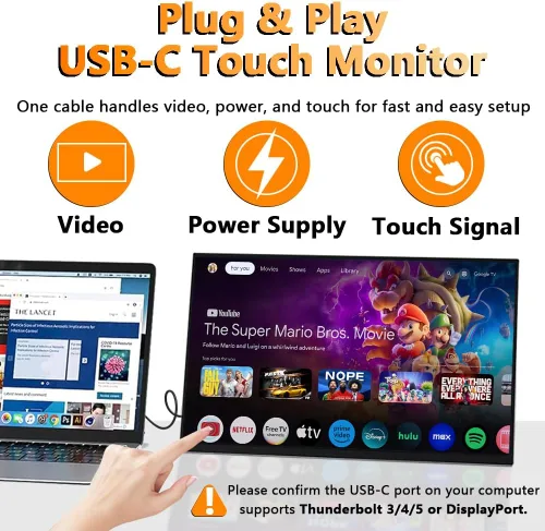 Miniatura 2 de Monitor de pantalla táctil portátil de 15.6 pulgadas, pantalla HDR 1080P, monitor vertical USB-C con soporte y altavoces, monitor externo compatible