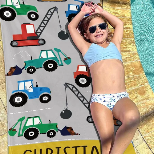 Miniatura 2 de Toalla de playa personalizada para niños, toalla de automóvil de construcción de secado rápido para niño con nombre personalizado, perfecta