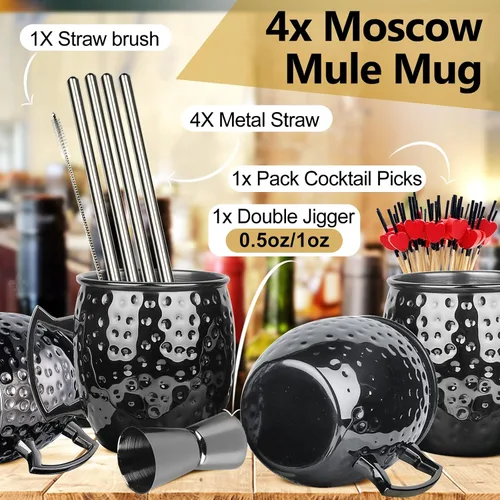 Miniatura 2 de LINALL Moscow Mule - Juego de 4 tazas de acero inoxidable chapadas en negro bronce de 18 onzas, taza medidora, selecciones de cóctel para bebidas 4