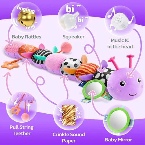 Miniatura 3 de HEMRLY Juguetes Sensoriales para Bebés de 0 a 6 Meses, Oruga Musical de Peluche con Mordedor, Papel Crujiente, Sonajero, Espejo para Bebé para Morado