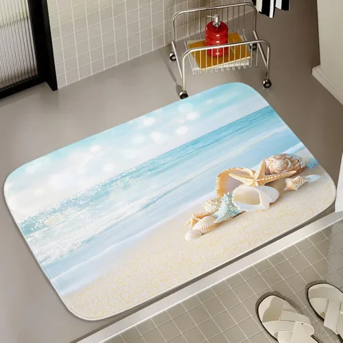 Miniatura 27 de Alfombra de baño de terciopelo coral con diseño náutico de tortugas marinas, animales de playa, tapete de ducha antideslizante para baño de océano