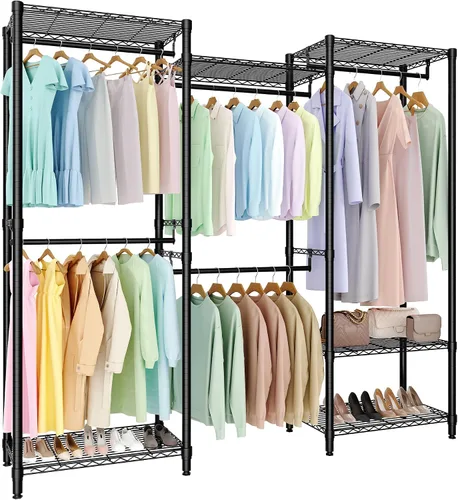 Miniatura 9 de Perchero de ropa resistente, perchero portátil de metal con estantes ajustables de 3 niveles, estantes de ropa independientes para colgar ropa