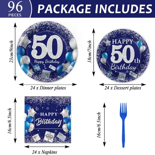 Miniatura 2 de 96 piezas de suministros para fiesta de cumpleaños número 50: platos azul marino y plateado, servilletas, tenedores y decoraciones de mesa para 24