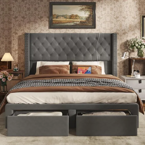 CIKUNASI Base de cama de terciopelo Queen con cabecero, almacenamiento, luz LED, estación de carga, gris, tablero de fibra de densidad media, estilo
