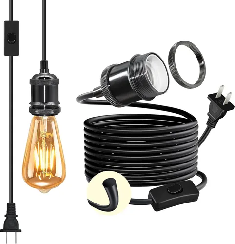 Miniatura 9 de Lámpara colgante retro de 16.4 pies con cable de enchufe, cable de luz colgante redondo grueso negro E26, lámpara colgante industrial vintage